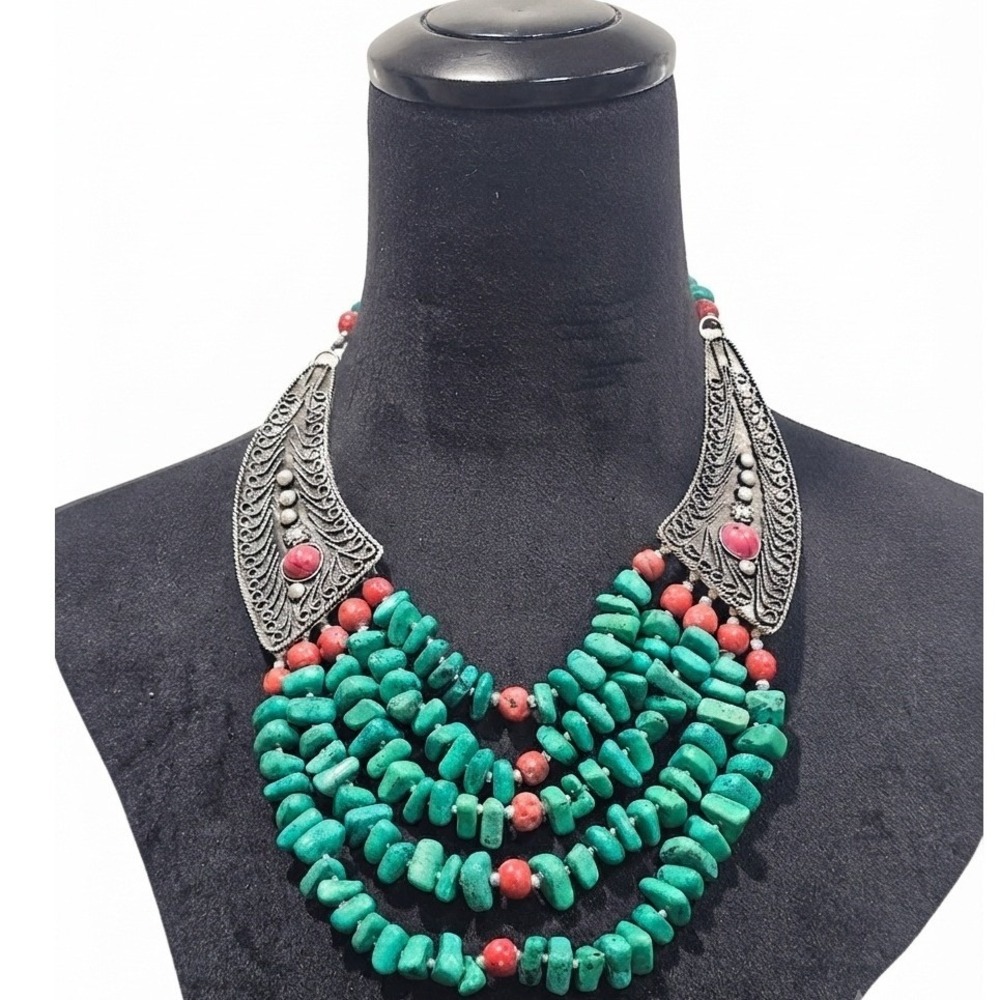 African Beaded Bib Statement Necklace Turquoise Red Silver Boho Filigree Western